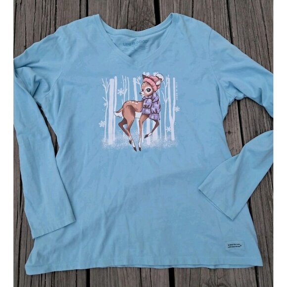 Life is Good Top Women's Medium Blue Cotton Tee Long Christmas Deer Winter - Picture 1 of 1